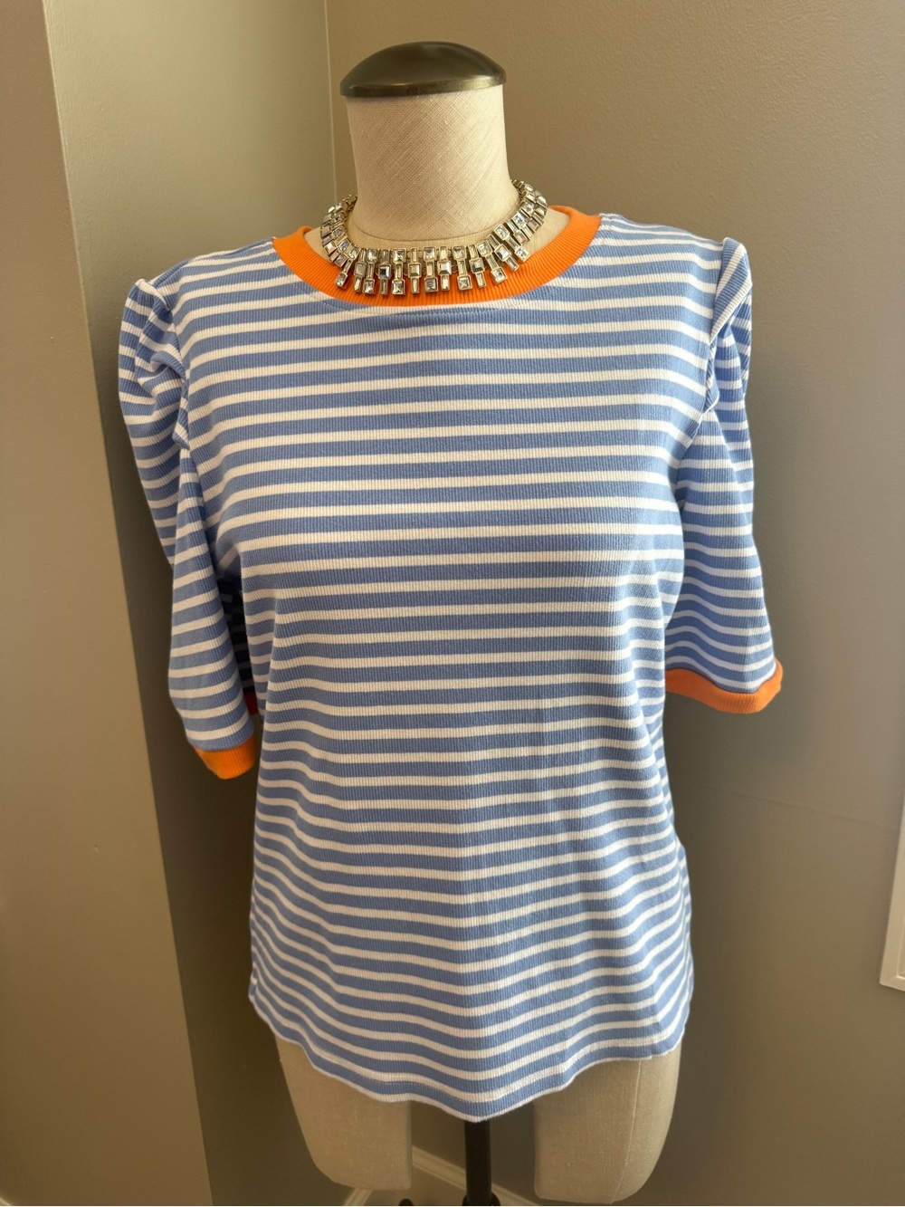 Rebecca Minkoff Light Blue and White Striped Short Sleeve Top with Orange Trim
